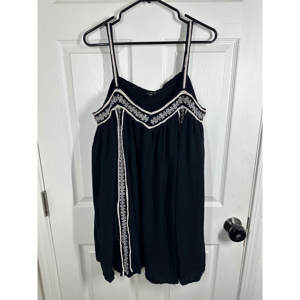 Joey Jeans Dress Womens 2X Black Embroidered Babydoll Boho Mini Sleeveless Top